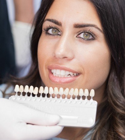 Cosmetic dentist holding shade guide next to a smiling patient